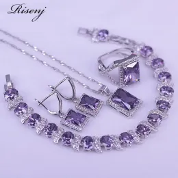 Strängar Big Square Purple Crystal Top Zircon 925 Sterling Silver Jewelry for Women Earrings Ring Necklace Set With Armband