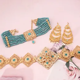 Baby Baby Blue Crystal Jewellr Set GLD مطلي طويل سلسلة Kaftan Belts Morocco قلادة الزفاف التركية مجموعة Bijoux de Mariage Femmes