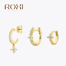 أقراط Roxi Real 925 Sterling Silver Petal Zirconia Zirconia Jewellry مجموعة للنساء الرجال 3 قطعة حلق 18K الذهب مطلي Orecchini Cerchio