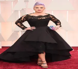 Schwarze Langarmkleider mit bloßem Nackenspitzen Applikationen hoher niedriger Satin -Mobil Kelly Osbourne Prominente rote Teppich DRES8986721