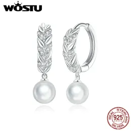 귀걸이 Wostu Real 925 스털링 실버 귀걸이 빛나는 CZ Wheat Wheat Pearl Hoop Earring Earrings Friendship Jewelry CTE446