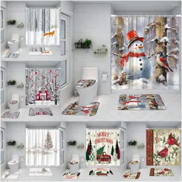 Duschvorhänge Weihnachtsvorhang Winter Schneemann Farm rote Vogel Scheune Schneewagen Cartoon Badezimmer Matten Dekoration Set Set