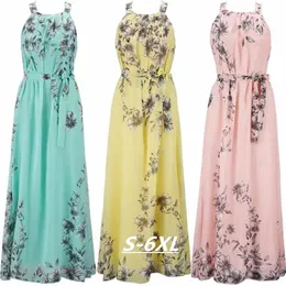 High Quality Summer Women Long Dresses Beach Floral Print Soft Chiffon Boho Maxi Dress With Sashes Sling Sleeveless Female 240411