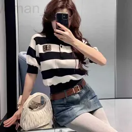 Women's Knits & Tees Designer High version Nanyou 24 Spring New MIU Home Knitted Shirt Striped Navy Style Short sleeved POLO Flip Collar Age Reducing Top J8H1