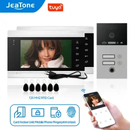 コントロールJeatone 1080p WiFiスマートビデオインターコムホーム/アパート用1F/2F/3F有線ビデオドアベルRemotetuya/Fingerprint/RFID/ロック解除