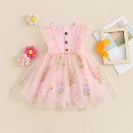 Flickaklänningar Little Tulle Dress Round Neck Sleeve Ribbed Floral Brodery Mesh Princess Toddler Baby Summer Clothes