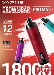 Barra de coroa de coroa genuína VapMe Puff 18000 Pro Max descartável bobina de malha vape de 850mAh tipo C 25ml Preenchimento preenchido 12 sabores