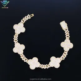 Yu Ying Clover Bracelet 18K Gold 925 Sterling Silver VVS Moissanite Cuban Link Chain Bracelet for Hip Hop Jewelry