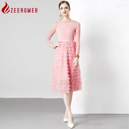 Casual Dresses Zeeromer 2024 Autumn Elegant Mesh Patchwork Cake Dress Women O-Neck Långärmhet Lace-up Dot Ruffles Slim Mid Length Party