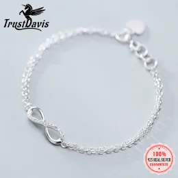 Strängar Trustdavis äkta 925 Sterling Silver Sweet Minimalist Double Layer Infinity Cz Armband för kvinnor Bröllopsmycken Gift DS2177