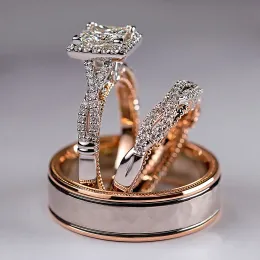 Bands Huitan Wunderschöne Frauen/Männer Hochzeitsset Ringe Mosaik AAA CZ Zwei -Ton -Romantik -Verlobungsringe Mode Schmuck Top Qualität