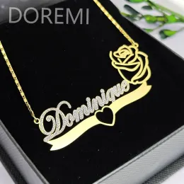 Colares Doremi Aço inoxidável Jóias personalizadas Cristal Crystal White Cz Nome de zircão Colar de flores de rosa jóias de presentes