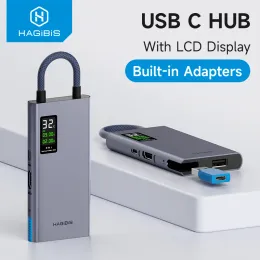 Nav hagibis USB C -nav med LCD -skärm typ C multiportadapter 4K HDMicompatible 100W PD Gigabit Ethernet för MacBook Pro ipad HP