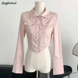 티셔츠 긴 슬리브 셔츠 여자 분홍색 핫스 트루마다 삽입 한국 패션 기질 섹시 캐주얼 세련된 봄 작물 탑 미니멀리스트 대학 여자