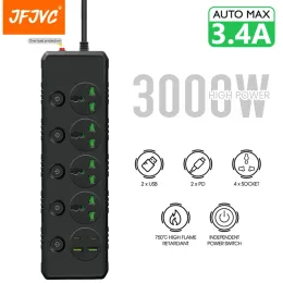 المكونات Power Strip Multiprise Smart Home AC Outlets Pluge مستقلة مفاتيح التحكم في ملحق Cord Cord Sockets Type C Network Filter