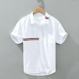 Men's Casual Shirts Summer Clothes For Men Three-bar Striped Short Sleeve Button Up Shirt Pure Cotton Oxford Spinning Tops Fashion