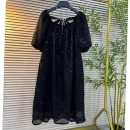 Donne più taglia L4XL paillettes nero in chiffon nero abito a maniche corte ginocchiere a maniche corte per ginocchiere femmina 2023 abbigliamento estivo 240412