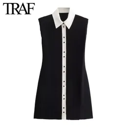 Trafo kadın moda yaz kontrast yaka bir çizgi mini gömlek elbise şık kadın vintage kısa kolsuz akşam giyim mujer 240420