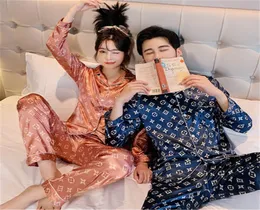 Silk Satin Couple Pajamas Summer Pijama Hombre Mens PJs Set 2 1Pcss Solid Flower Printed Sleepwear SleepLounge Long Sleeve Leisur5099040