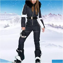 Ski -Anzüge Frauen Suiten Winter im Freien Sport warmer Jumpsuit wasserdicht mit abnehmbarem Kragen Reißverschluss Skiganzug 221203 Drop Lieferung Dhaob