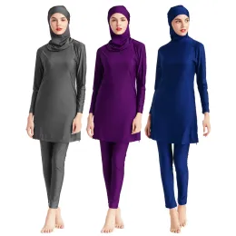 Одежда 3pcs мусульманские купальники сплошной цвет плюс размер S6XL Hijab с длинным рукавом купание костюм полные ансамбли буркинса мусульмане