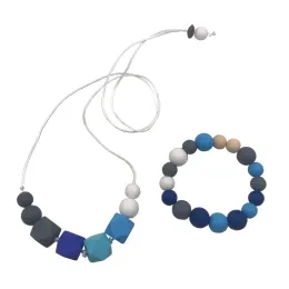 Silicone Teething Necklace and Bracelet Set Food Grade Chew Beaded Necklace Organic Wooden Beads for Little Girl Kids ZZ