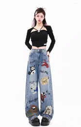 Frauen Jeans 2024 Herbst Winter Baggy Frau American High Street Straight Tube Cartoon Drucken Frauenhosen Taille