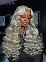 Synthetic Wigs Silver Grey Colored HD Transparent Lace Frontal Wig 24 Inch Gray Body Wave Front Human Hair for Women Brazilian 231027 26