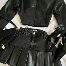Harajuku Gothic Two Piece Set: Y2K Leather Spliced Denim
