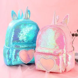 Väskor 2021 Ny Student Pink Shiny Unicorns High School Bag Big Capacity Sequin Söt ryggsäck för School Beach Picnic School Bag