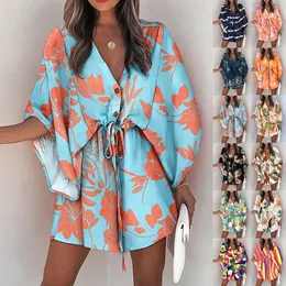 Holiday Style Dresses Women Sexig V-ringning Batwing Sleeve Lace-Up Fashion Printed Dress Summer Beach Causal Half Sleeve Kort klänning 240421