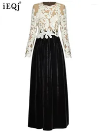 Casual Dresses Round Neck Långärmad mesh blommig broderi lapptäcke sammet stor swing prinsessan stil höst 2024 3wq8193