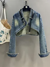 Kvinnorjackor Fashion Street Loose Denim Coat Autumn High Quality Belt Decorative Bat Sleeve Short Cardigan Jacket