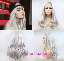 HD onda corporal Destaque Lace Fronteiro Human Human Wigs para mulheres temperamento Bandinha cinza prateada com peruca de renda e rede de cabelo na frente