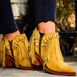 Sapatos casuais mulheres andando bergas de botas ocidentais feminino camurça feminina de salto baixo redondo dedo botas de tassel ladies tornozelo zíper botas mujer