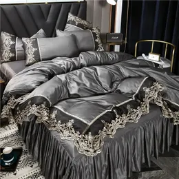 Princess style big lace side bed on fourpiece set washed ice silk skirt white bedspread y240420