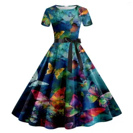 Lässige Kleider Schmetterling Print Partykleid für Frauen 2024 Sommer Kurzarm Frauen eine Linie Vintage Robe Pin up Rockabilly Abschlussball