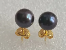 Gemstones Amazing AAAAA 7.58mm Natural Tahaitian China Black Pearl Earrings 14k+box