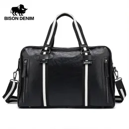 Bags BISON DENIM Leather Travel Bag Large Capacity Duffle Fitness Bags Handbag Shoulder Bags Women Men Business Carryon Luggage Bag