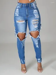 Jeans da donna sexy bodycon in difficoltà Denim per la chiusura di abbuttini ad alta vita femminile con pantaloni strappati con più tasche