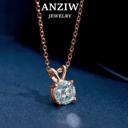 Necklaces Anziw Rose Gold Plated Moissanite Pendant Necklace 6.5mm(1.0ct ) Sparking D Color Diamond Real 925 Silver Jewelry for Women Gift