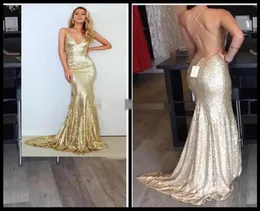 Champagne Gold Mermaid Prom Dresses 2019 Sparkle Long Glitter Prom Dresses Open Back Sexig Sequin Dress Backless6581720