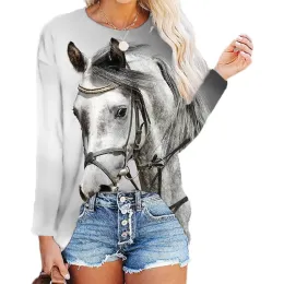 Sweatshirts 3d Digital Printing Long Sleeve Top Lady New Spring Summer Clothes Oneck Horse Head Printed Tshirts Casual Loose Funny Tees