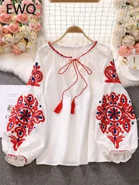 EWQ Sweet Style Women Pullover Shirts Stickerei Patchwork Verband V-Ausschnitt Laternenhülle Frühling Summer Bluse SN0452 240407