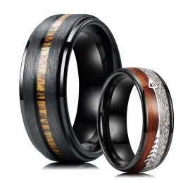 Bands 8MM Trendy Black Titanium steel Rings For Men Inlay Hawaiian Koa Wood And Meteorites Matte Brushed Finish Men Wedding Band Ring