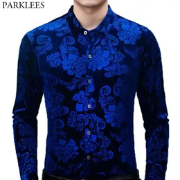 Royal Blue Velvet Velor Shirt Men 2020 Spring New Slim Fit Long Sleeve Mens Floral Dress Dress Tirts Button Down Down Chemise 2XL2695