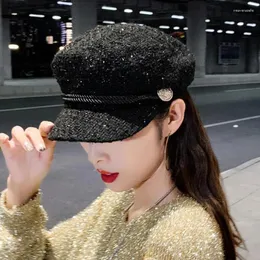 Berets Utumn zimowy łańcuch czarny wełna wojsko dla kobiet żeńska płaska armia czapka salior hat girl podróżowanie malarze damskie