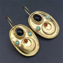Dangle Chandelier Ethnic Gold Color Oval Inlaid Red Blue Black Stone Earrings Vintage Metal Die Cast Pattern Hook H240423