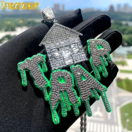Necklaces New Iced Out Bling CZ Letter Trap Pendant Necklace Zircon House Green Fluorescenc Charm Men Hip Hop Jewelry