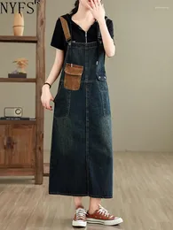 Casual Dresses NYFS 2024 Spring Summer Vintage Denim Suspender kjol för kvinnor Vestidos Robe Loose Plus Size Split Rems Dress